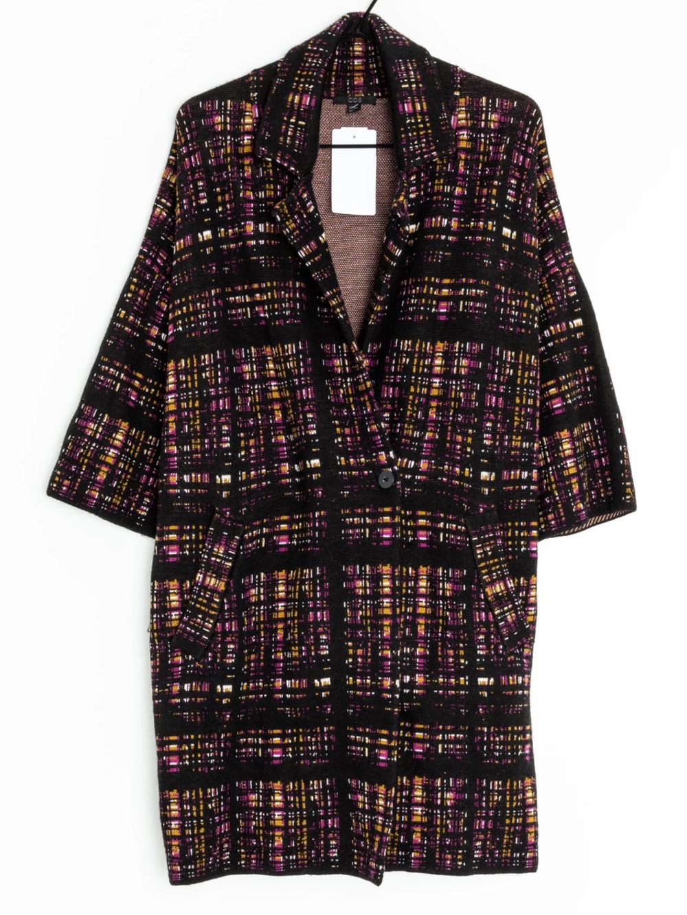 COS Black Cardigan Coat with Pink & Gold Check Pattern